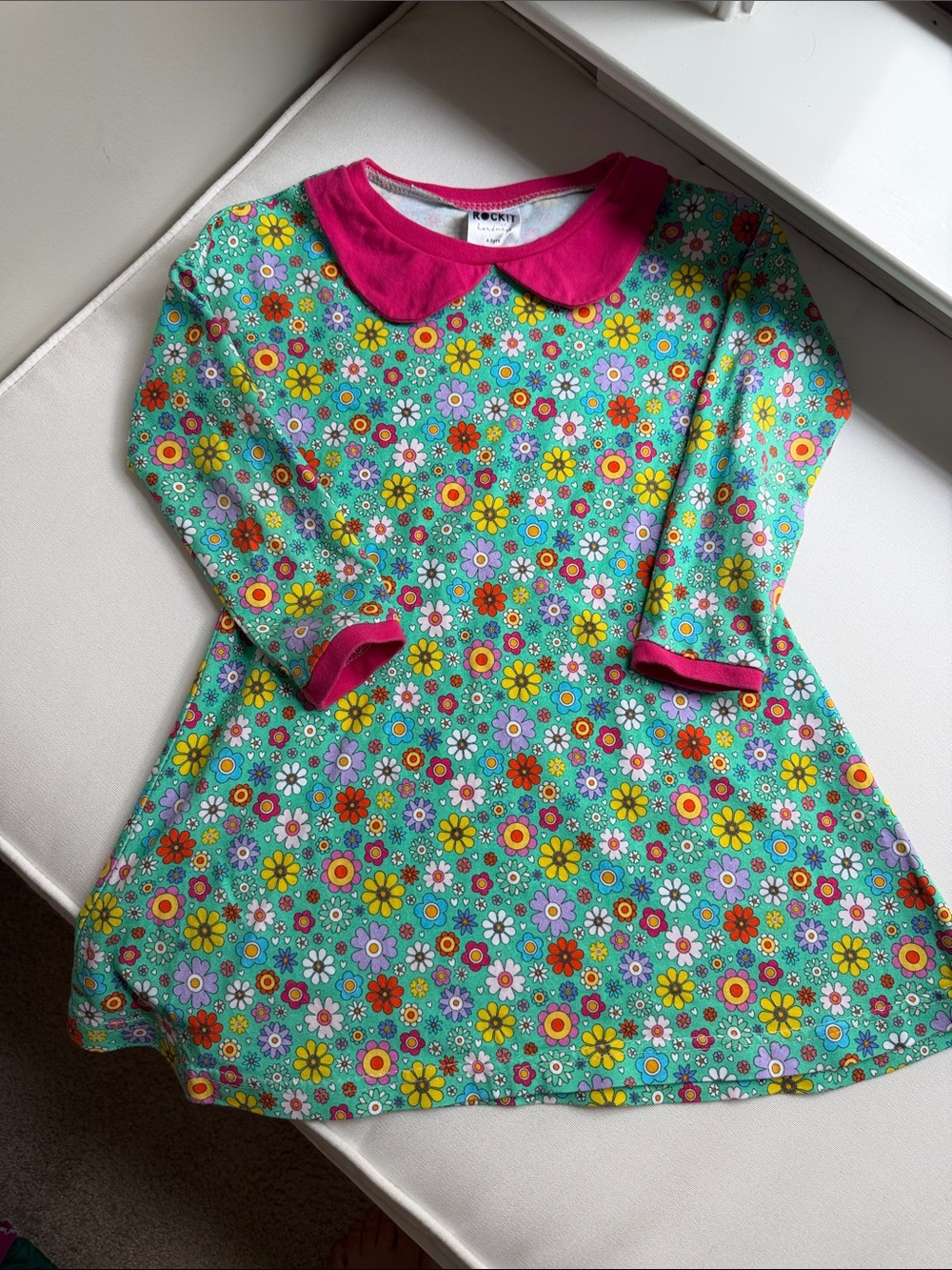 Bright Floral Peter Pan Collar Dress - Turquoise & Hot Pink 4-5